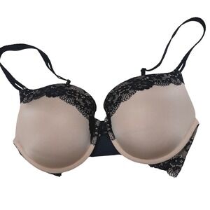 Camio Mio Beige Black Lace Trim Underwire Balconette Bra 36DD B30252